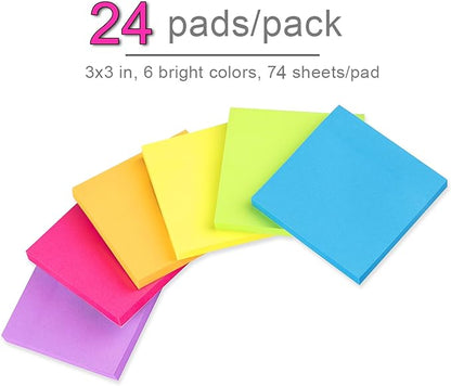 (24 Pack) Sticky Notes 3x3 in Post Bright Stickies Colorful Super Sticking Power Memo Pads, Strong Adhesive, 74 Sheets/pad