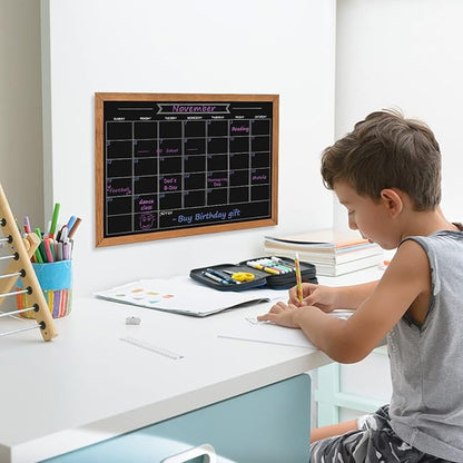 Calendar Chalkboard, 13" * 17", Magnetic Surface Rustic Brown Solid Pine Wood Frame Chalk Board for Planning/School Timetable/Memo, Hanging Board for Office, School and Home(YLHB-QZ-3343)
