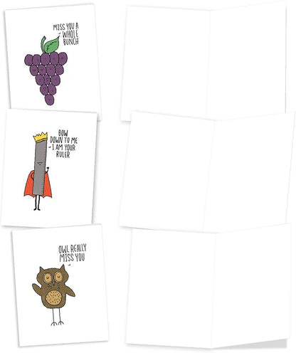 The Best Card Company - 10 Funny Assorted Blank Humor All Occasions Notecards Boxed Set 4 x 5.12 Inch w/Envelopes Cute Word Play for Men, Women (10 Designs, 1 Each) - Fun Puns M2975OCB