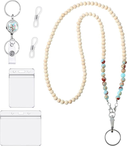 Teacher Lanyard with ID Holder Cute Wooden Beaded Lanyards for ID Badge Holders Retractable Badge Reel Keys Eyeglass Chains for Women