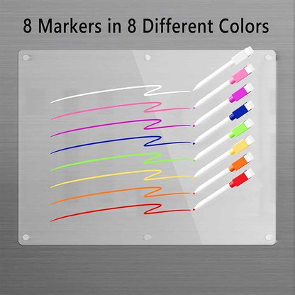 Acrylic Magnetic Dry Erase Board for Fridge, Clear Whiteboard for Refrigerator, Notepad Memo to Do/Grocery List White Board, w/ 8 Colors Markers, 15"x11"