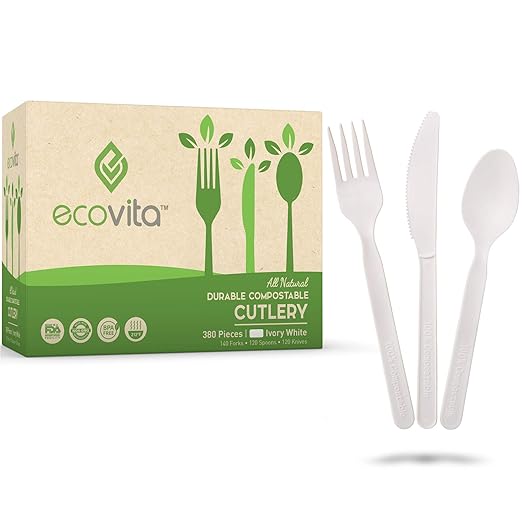 100% Compostable Forks Spoons Knives Cutlery Combo Set - 380 Large Disposable Utensils (7 in.) Eco Friendly Durable and Heat Resistant Alternative to Plastic Silverware with Convenient Tray