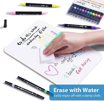 Wet Erase Markers Dual Tip, Lazgol 12 Assorted Colors, Dual Tip Brush & Fine Overhead Transparency Smudge Free Markers for Dry Erase Whiteboard, Refrigerator Calendars, Glass, Films and Any Kind of