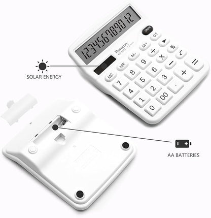 2PC White Calculator, Solar Battery Dual Power Calculator,Desktop Calculator 12 Digit with Large LCD Display, White Office Supplies with Sensitive Button, White Desk Accessories, School Supplies