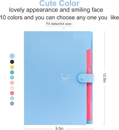 Forvencer Accordion File Organizer, Letter Size, 5 Pocket Expanding File Folder, Cute File Folder with Labels, Portable File Organizer for School Office Supplies, Folders for Documents, Blue