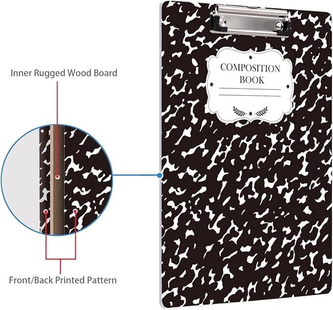 WAVEYU Fashion Cute Clipboard, Decorative Office School Hardboard Wood Nursing Clip Board for Standard A4 Letter Size for Students, Women, Men and Kids, 12.5"x 9", Black+White02