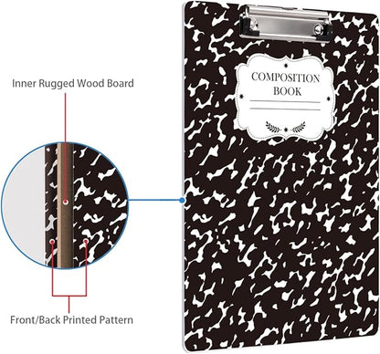 WAVEYU Fashion Cute Clipboard, Decorative Office School Hardboard Wood Nursing Clip Board for Standard A4 Letter Size for Students, Women, Men and Kids, 12.5"x 9", Black+White02
