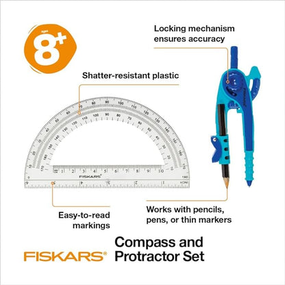 Fiskars Plastic Compass and Protractor Set - Math Geometry Set for Kids 8+ - Back to School Supplies - Includes Pencil - Color May Vary