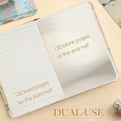 Pocket Notebook, A6, 4x6, Silk Cover, Hardcover, Lay Flat, Small Embroidered Journal, Cute Notebook, Lined Notebook & Sketchbook, Personal Writing Journal for Women, Beautiful Notebook, Beige