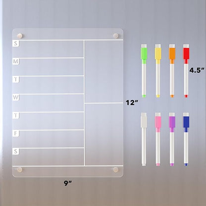 Acrylic Magnetic Meal Planner Menu Board for Kitchen Fridge w/ 8 Markers, Clear Refrigerator Weekly Dry Erase Calendar Planning Noteboard to Do/Grocery/Shopping List/Chore Chart/, 12"x9"