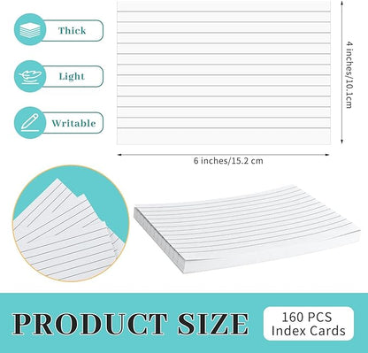 Tecmisse 160 PCS Index Cards 4 x 6 Inches, 180 GSM Thick Flash Cards, White Lined Note Cards Study Cards for School Learning and Office Supplies
