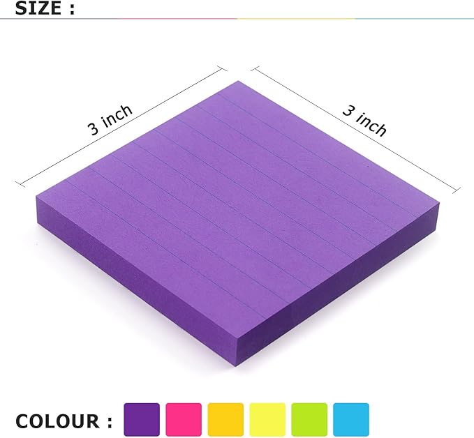 6 Pads Lined Sticky Notes 3x3 Sticky Notes with Lines Self-Stick Note Pads 6 Bright Multi Colors,100 Sheet/Pad