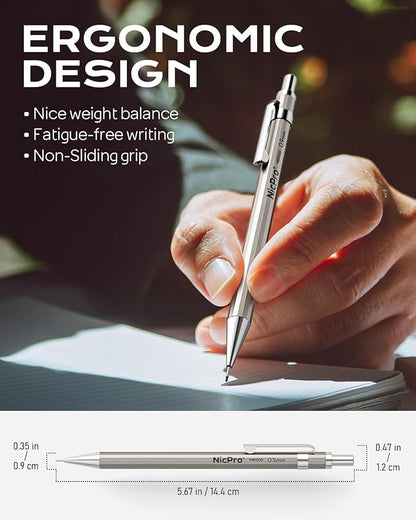 Nicpro 2 PCS 0.9 mm Metal Mechanical Pencils Set, Drafting Pencil for Artist Writing, Sketching, Drawing, with 4 Tubes HB Lead Refill & Erasers, Erasers Refills & Storage Case