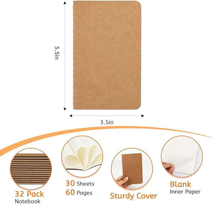 32PCS Mini Notebooks Bulk, 3.5" x 5.5", Brown, 60 Pages Blank Paper Small Pocket Notebook Set, Mini Journal Memo Notepads for Kids, Students, Traveler, School Office Supplies