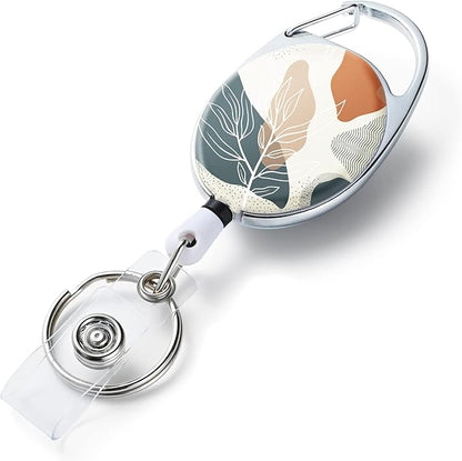 Badge Reels Retractable，Double Sided Color Print Pattern Retractable Badge Holders，with Retractable Keychain, Badge Clip and Key Ring，Durable Nylon Retractable Rope，Bohemian Leaf