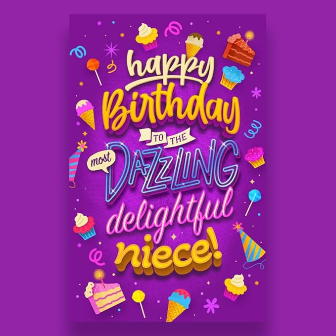 Prime Greetings Niece Happy Birthday Card, Made in America, Eco-Friendly, Thick Card Stock with Premium Envelope 5in x 7.75in, Packaged in Protective Mailer