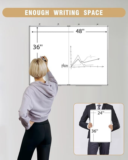 48"X 36" Large Magnetic Dry Erase Whiteboard, Removable Wall Hanging Board with 4 Pens & 1 Dry Erasers & 6 Magnets, Sliver Aluminum Frame White