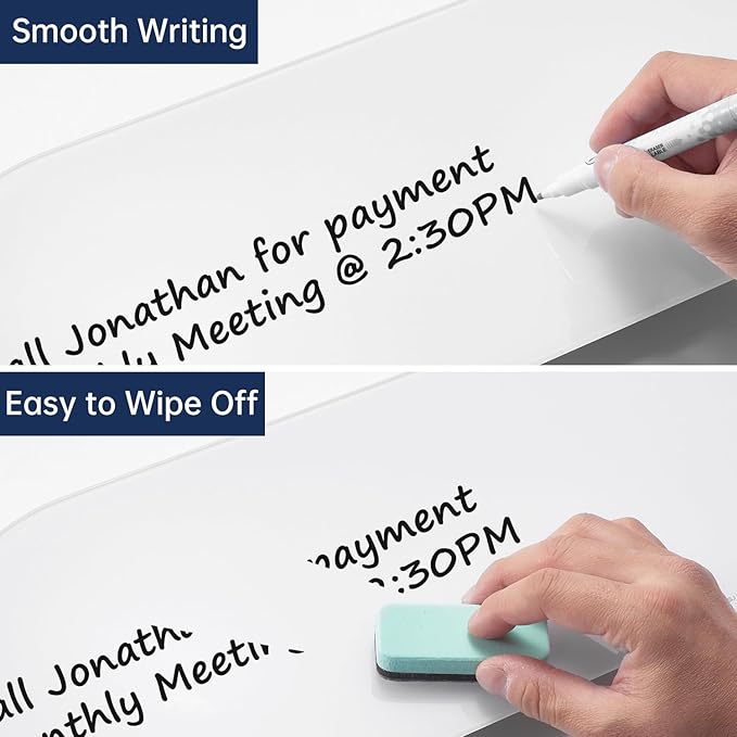 TSJ OFFICE Glass Desktop Whiteboard - 17 X 7 Inches Small Dry Erase Board with Blue Light, Glass White Board Surface Notepad with 1 Drawer, Desk Organizers for Office, Home, School Supplies