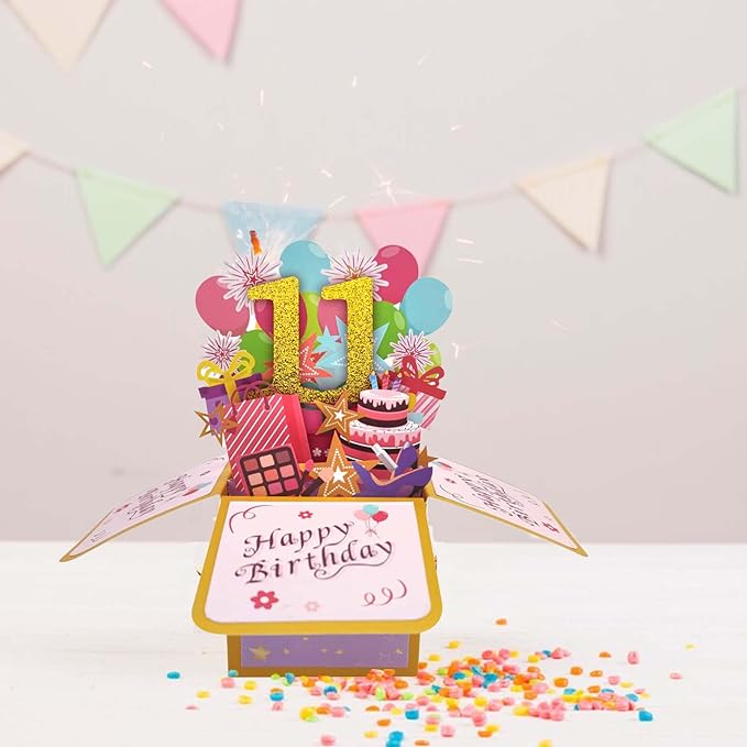 Asmallgf Happy 11th Birthday Popup Card for Daughter Son, Sweet Birthday Gift for 11 Years Old Girl Boy, Awesome Eleven Birthday 3D Greeting Card for Him Her, Best 11th Birthday Gift Idea for Niece Nephew