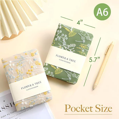 Pocket Notebook, A6 Journal, Small Embroidered Journal, Cute Fabric Notebook, Lay Flat Hardcover Journal, 4x6 Lined Notebook & Sketchbook, Personal Writing Journal for Women, Green Dandelion