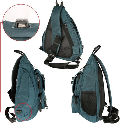Larswon Sling Bag with USB Charging Port, Sling Backpack USB, Shoulder Backpack, Large Crossbody Bag, Chest Bag Large Dark Green