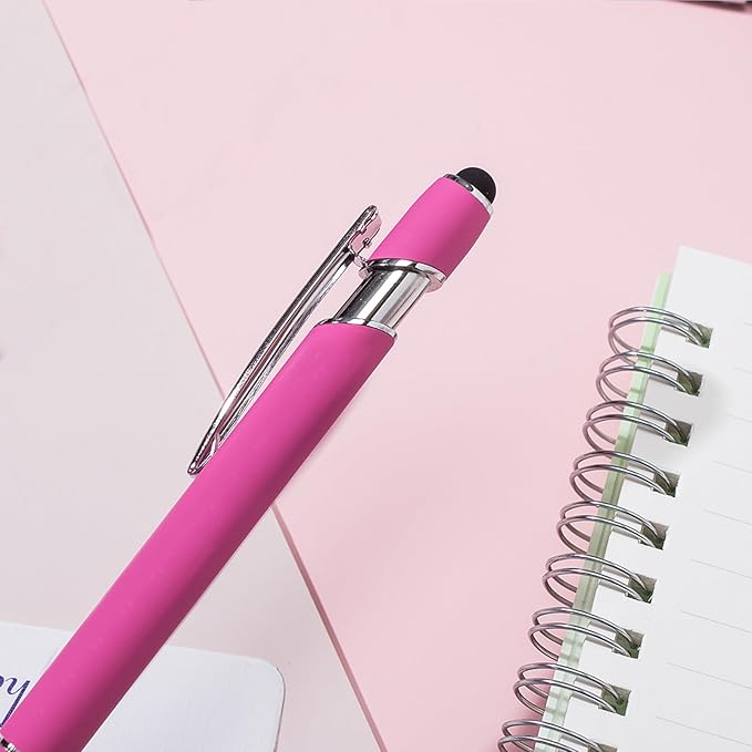 Ballpoint Pens with Stylus Tips，12 Pcs Pink Retractable Metal Stylus Pen for Touch Screens, 1.0 mm Black Ink