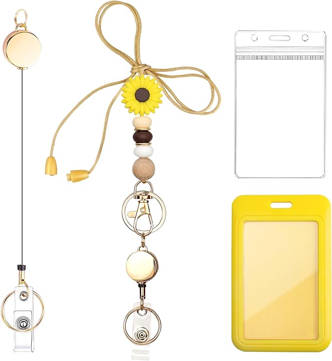 Colorful ID Badge Holder with Silicone Beads Lanyard Set,Cute Teacher Breakaway Lanyard for Keys & Keychain with Cute Retractable Badge Reel Holder,Gift for Women,Nurse, Teacher. (Yellow Daisy)
