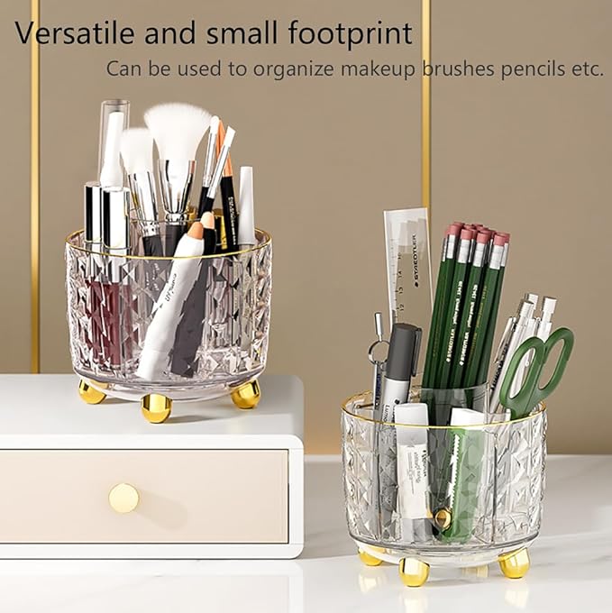 360° Rotating Pencil Holder for Desk, Makeup Brush Holder with 6 Slots, Desk Organizer for Writing Utensil, Office and School Supplies (Transparent)
