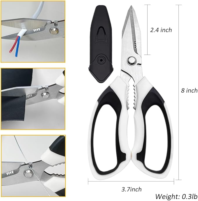 Utility Scissors Heavy Duty, Heavy duty Shears Stainless Steel Blades with Protective Case, Multipurpose Scissors for Cutting Cardboard, Fabric, Carpet, Leather, Wire (White Set)