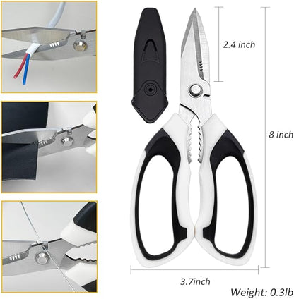 Utility Scissors Heavy Duty, Heavy duty Shears Stainless Steel Blades with Protective Case, Multipurpose Scissors for Cutting Cardboard, Fabric, Carpet, Leather, Wire (White Set)