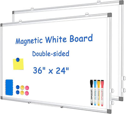 WALGLASS 2 Pack Magnetic White Board, 36" x 24" Double-Sides Dry Erase White Board for Wall, Hanging or Mounted Whiteboard, Horizontal or Vertical, Silver Aluminium Frame, Home, School, Office
