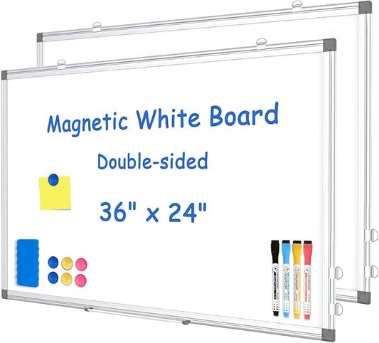 WALGLASS 2 Pack Magnetic White Board, 36" x 24" Double-Sides Dry Erase White Board for Wall, Hanging or Mounted Whiteboard, Horizontal or Vertical, Silver Aluminium Frame, Home, School, Office
