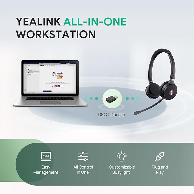 Yealink WH62 Portable Wireless Headset with DECT Dongle, Headset for Teams, Zoom Skype Certified, Office Work Headset with 2X Noise Cancelling Mic, 13 Call Time, 393 ft Range for Computer, Desk Phone