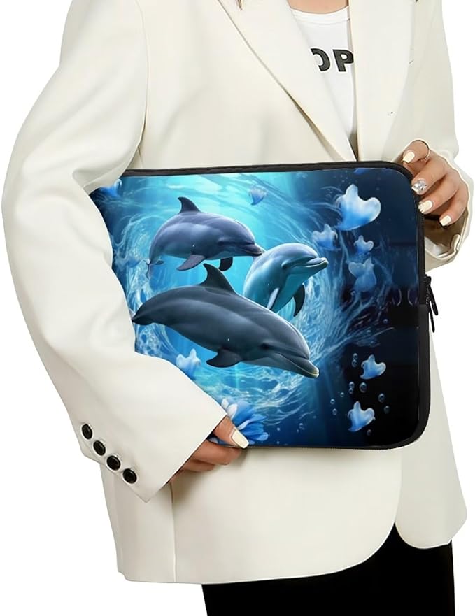 Dolphin Computer Sleeve for Women Men 12 inch Laptop Sleeve Durable Lap Top Case with Multiple Uses Tablet Bag Kawaii Animal Laptop Carrying Case Blue Flower Briefcase