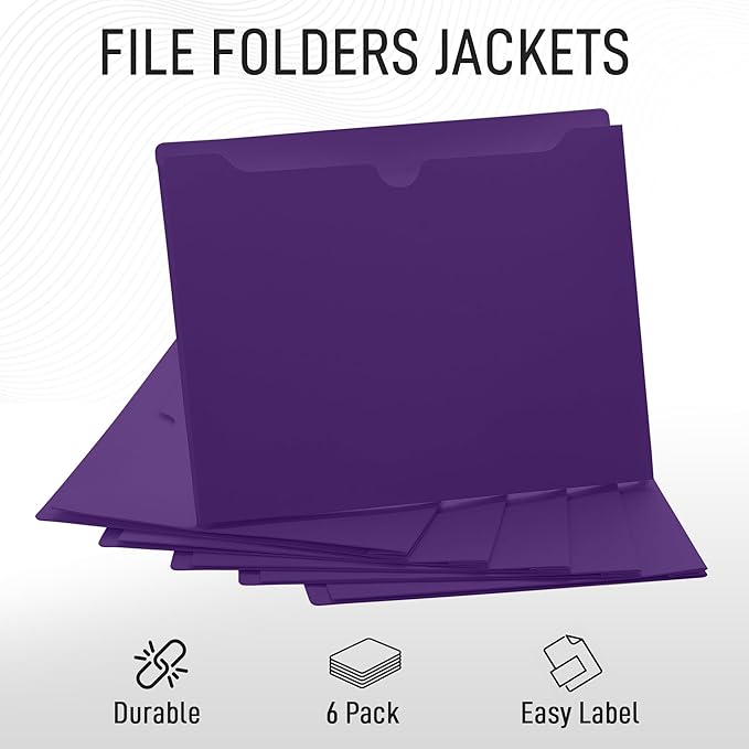 Purple File Jackets, 2 Inch Expansion, Letter Size, Reinforced Straight-Cut Tab, 6 Pack