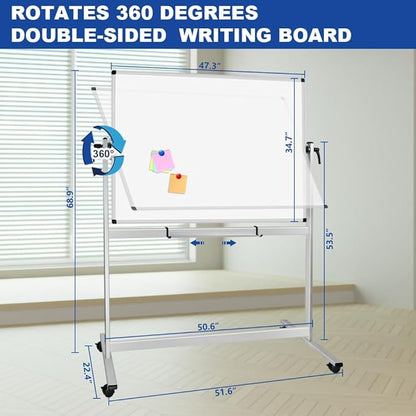 XBoard Rolling Whiteboard 48x36 inch | Magnetic Dry Erase Board on Wheels, Large Portable Easel with Stand and Aluminium Frame for Home School Office Live Streaming