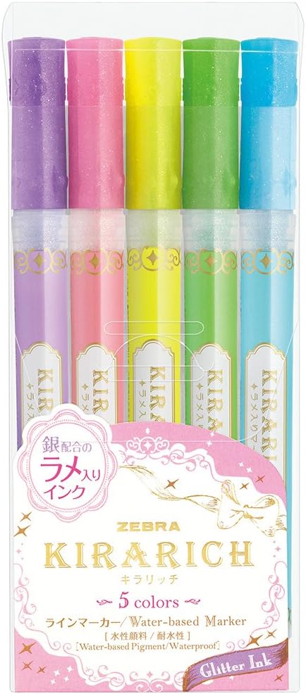 Zebra Glitter Highlighter, Kirarich, 5 Color Set (4901681512102)