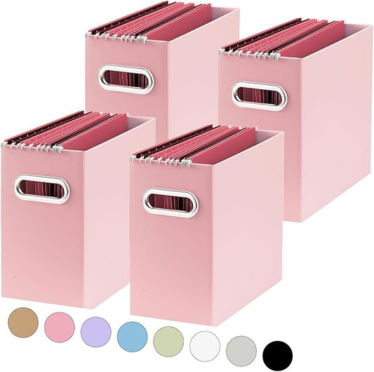 Oterri File Organizer, 4 Packs Small Storage Box, Cardboard File Folder Organizer, Collapsible File Box, Hanging File Organizer for Letter Size, Portable File Box with Handle, Only Box（Pink）