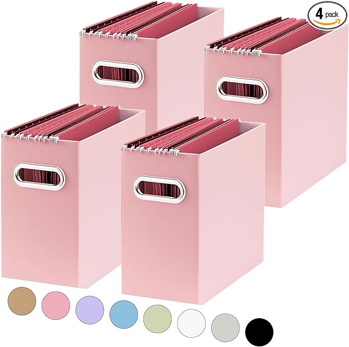 Oterri File Organizer, 4 Packs Small Storage Box, Cardboard File Folder Organizer, Collapsible File Box, Hanging File Organizer for Letter Size, Portable File Box with Handle, Only Box（Pink）