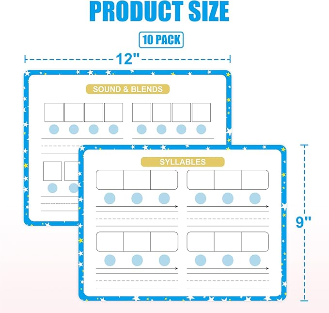 Sounds & Blends Dry Erase Sheets for Phonics Learning, Syllable & Letter Practice for Homeschool and Classroom Use, Ideal for Teachers and Students, Pack of 10, 9”x12”