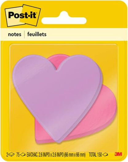 Post-it Notes, Heart Shape, Assorted Colors, 2.6x2.6 in, 2 Pads, 75 Sheets/Pad (7350-HRT)