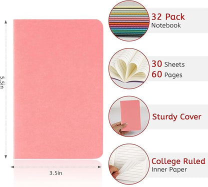 32PCS Mini Notebooks Bulk, 3.5" x 5.5", 16 Color, 60 Pages Lined Paper Small Pocket Notebook Set, Mini Journal Memo Notepads for Kids, Students, Traveler, School Office Supplies