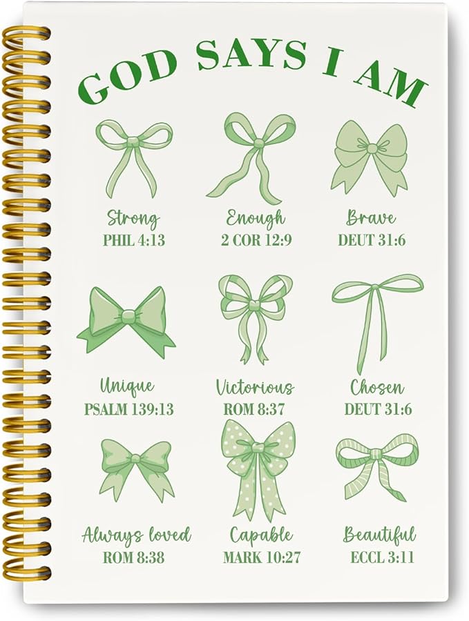 Coquette Green Bows Spiral Bible Notebook,Aesthetic Composition Notebook, God Says I Am Christian Scripture Prayer Journal for Women, Hardcover Spiral Notebooks College Ruled 5.5 x 8.3 (Green)