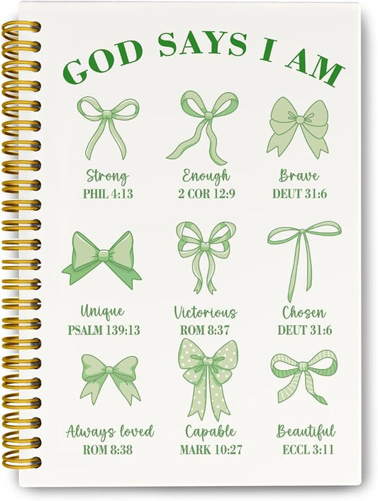 Coquette Green Bows Spiral Bible Notebook,Aesthetic Composition Notebook, God Says I Am Christian Scripture Prayer Journal for Women, Hardcover Spiral Notebooks College Ruled 5.5 x 8.3 (Green)