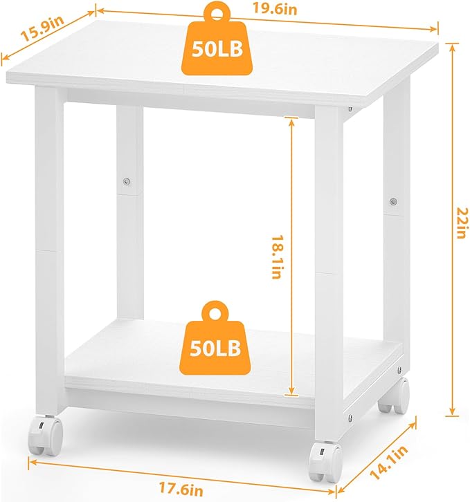 Under Desk Printer Stand, 2-Tier 19.5''x 16''x 22'' Rolling Printer Stand Storage Shelves for Printer, Scanner, Fax Machine, Files, Books with Anti-Skid Feet for Home, Office, White