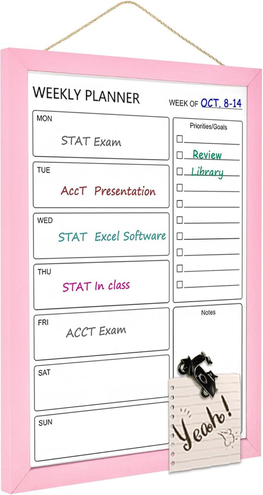 Dry Erase White Board Weekly Calendar Board, Magnetic Whiteboard for Wall,10.5“x14.5 Solid Wood Pink Framed Message Board, Planner Board for Office, Home, School(Weekly-BB-PK-2737)