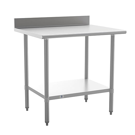 Flash Furniture Reese Commercial Stainless Steel Prep/Work Table for Back Kitchen, 430 Stainless Steel, 18 Gauge, Adjustable Shelf, 4" Backsplash, 30" x 36"