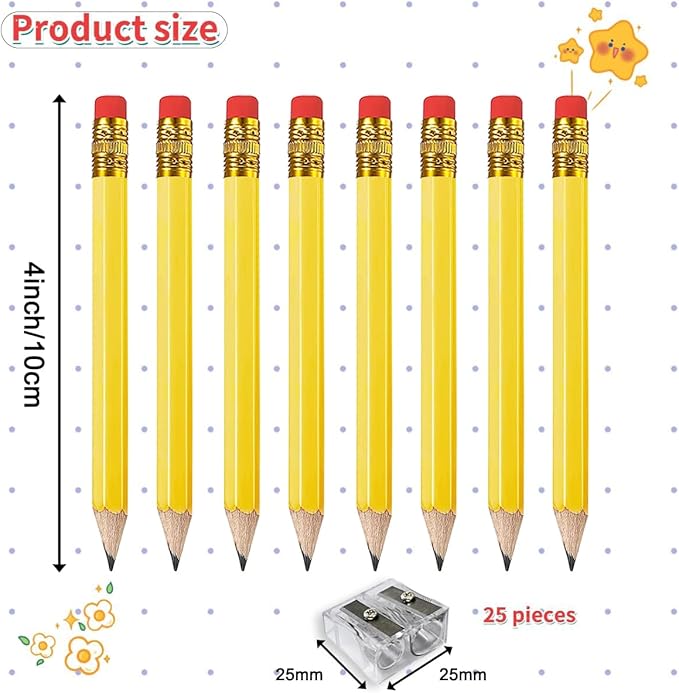Adhere 25pcs Golf Pencils with eraser Hexagon Wooden Pencils Graphite 2B for Golf Event Scoring,Classroom,Wedding,Company Meetings,Pew, Pocket (Yellow1)