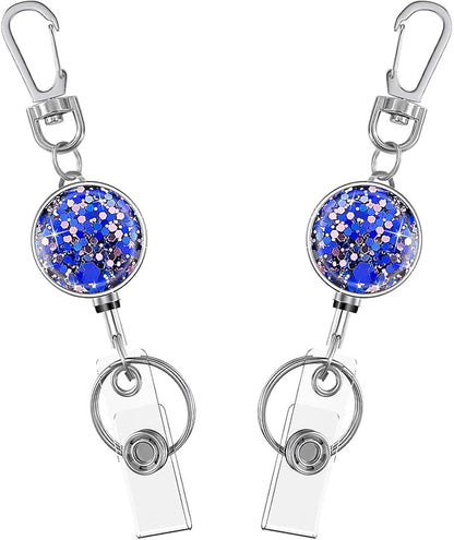 Bling Retractable Keychain, Cute Metal Carabiner Badge Holder,Retractable Badge Reel with Claw Clasp for Id Card Holders Key Ring (2Pack Glittery Purple)
