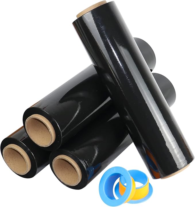 BOMEI PACK Black Stretch Wrap Industrial Strength with Plastic Handle 18" x 1000 Feet 80 Gauge 4 Pack, Black Shrink Wrap, Self-Adhering Black Plastic Wrap for Shipping, Moving